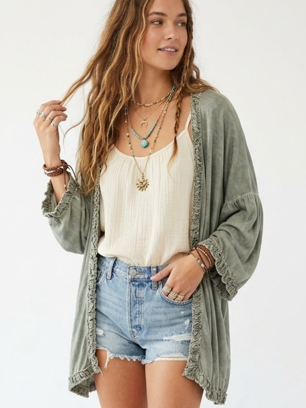 POL Sage Green Mineral Wash Ruffle Trim Open Cardigan Boho S